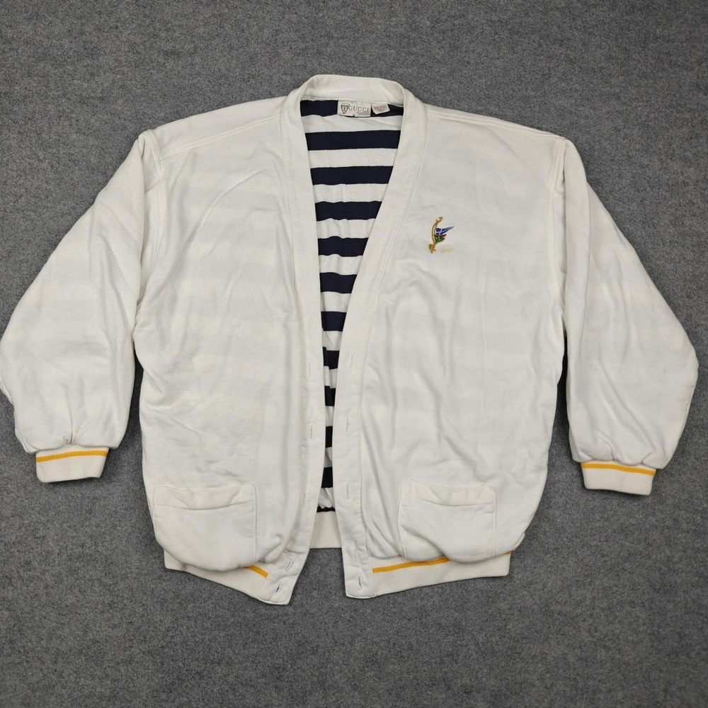 Vintage Gucci Sweater Mens XL White Nautical Striped Lined Knit Cardigan USA